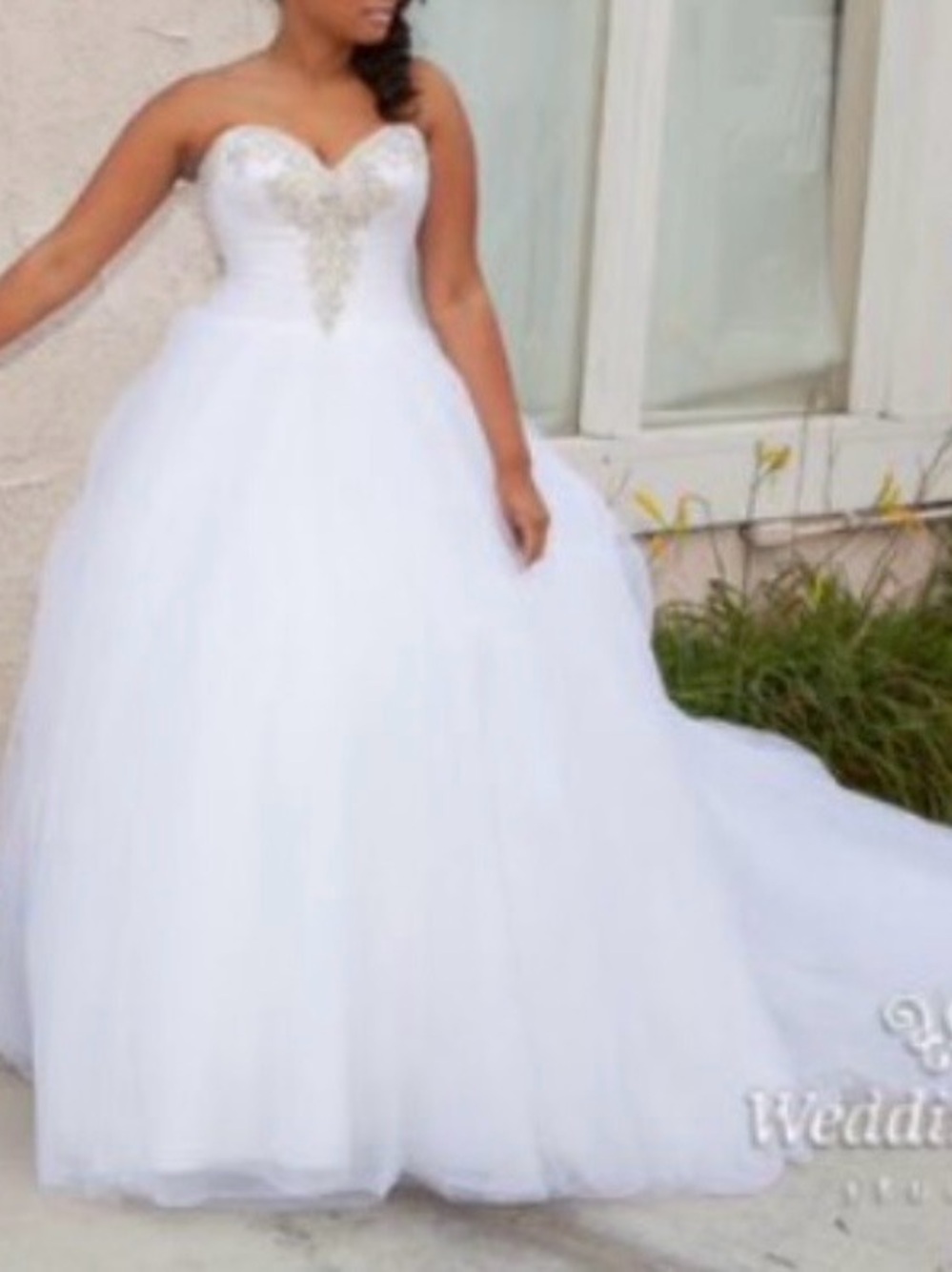 Strapless White Ball Gown Dress with Embellished Sweetheart Bodice